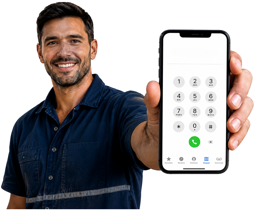 Newington Blocked Drains plumber holding a phone — call 1300 261 965