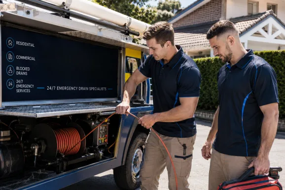 Two plumbers working on a blocked drain in Newington