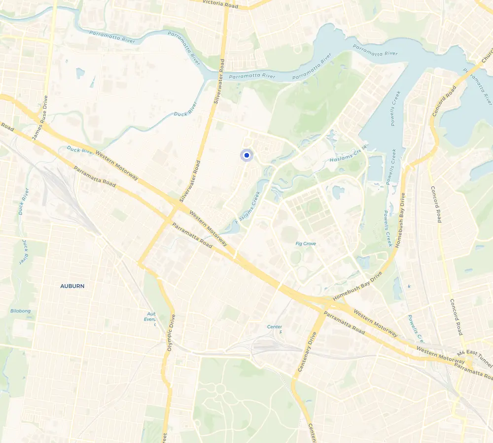Map of the Newington service area and the surrounding Western Sydney, showing Newington and the nearby streets we cover.