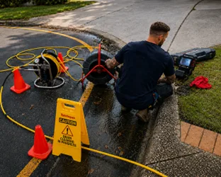 Plumber inspecting a blocked drain in Newington