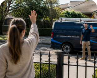 Customer waving goodbye to a Newington Blocked Drains plumber